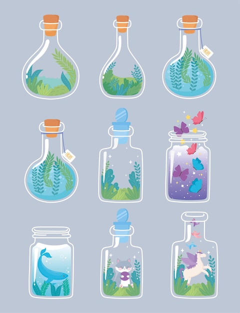 Jar terrarium set met dieren en bloemensamenstelling decoratieve planten vegetatie illustratie