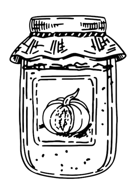 Jar van pompoen jam schets Doodle van zoete zelfgemaakte herfst seizoen voedsel Hand getekende vector illustratie Single clip art geïsoleerd op wit