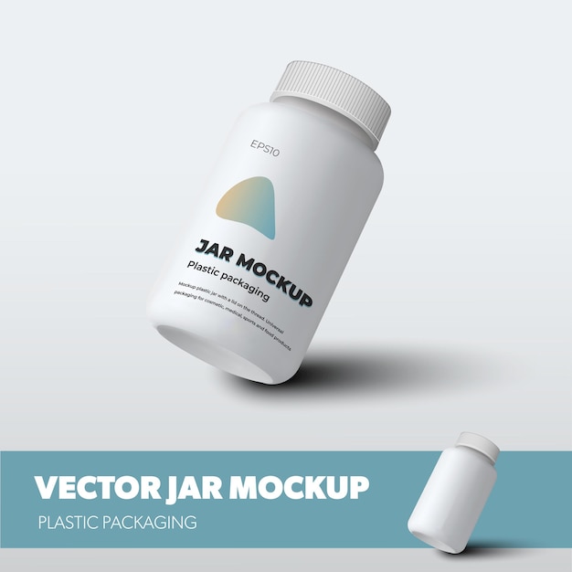 Vettore modello vettoriale barattolo con coperchio, confezione in plastica con ombre realistiche, per design di presentazione, motivo. flacone mockup per prodotto biologico, vitamina, pillole, isolato su sfondo. imballaggio della farmacia