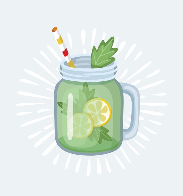 Vector jar with apple smoothie with striped straw. glass for cocktails with handle. apple fresh fruit. illustration in flat style