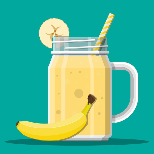 Vector jar with banana smoothie with striped straw glass for cocktails with handle banana fresh fruit vector illustration in flat style