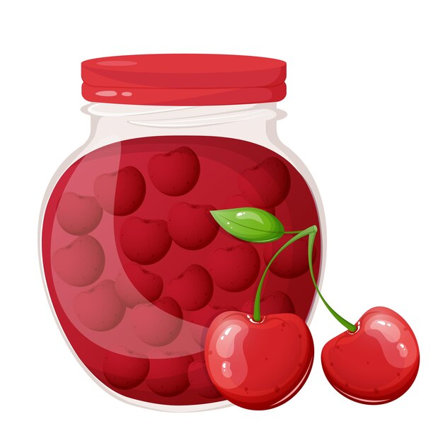 Jar with cherry jam isolated on white