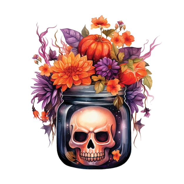 Jar with flowers and skull inside watercolor paint