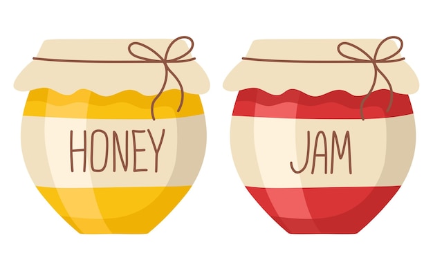 Jar with honey and jam Raspberry or strawberry jam and honey