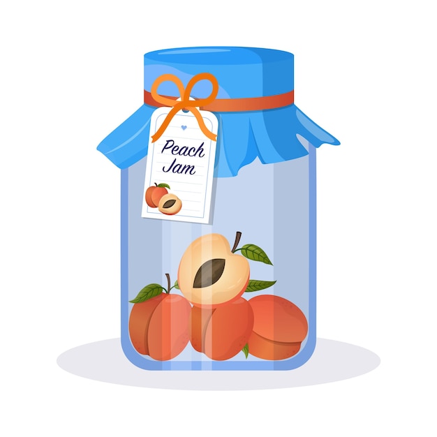 Jar with peach jam Homemade peach jam in a glass jar Vector flat cartoon illustration White background isolated Vector illustration