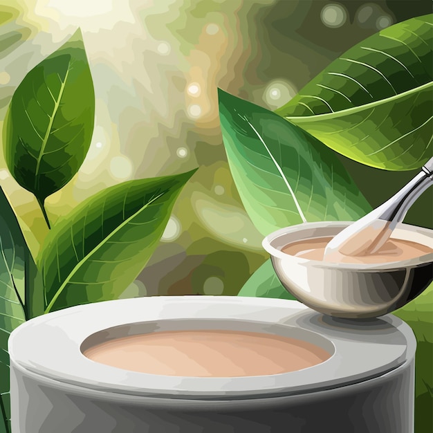 Vector jar with skin care cream among green leaves mockup of organic natural ingredients beauty product on