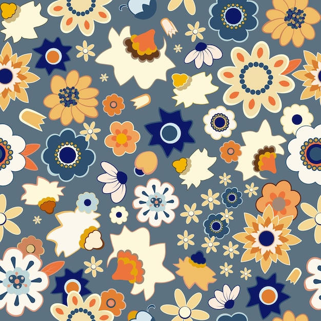 Jaren '70 groovy hippie retro naadloos patroon. Vintage bloemen vector patroon. Bloemen achtergrond.