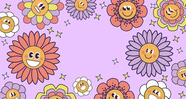 Jaren 70 retro Flower Power achtergrond met hippie bloemen Internationale Vrouwendag 8 maart Dag Moederdag Kleurrijke pastel illustratie in jaren 70 jaren 60 vintage stijl