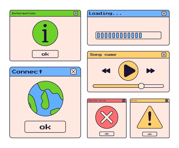 Jaren 90 retro-esthetiek minimalistisch digitaal scherm gebruikersinterface Webpagina laden verbinding maken systeemfout fout spelerinterface vectorillustratie