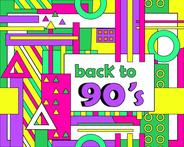 Vector jaren 90 stijl achtergrond. tijd voor een feestje. kleurrijke retro banner. memphis-stijl. sjabloon voor evenementontwerp. heldere geometrische vormen. trendkleuren. vector illustratie