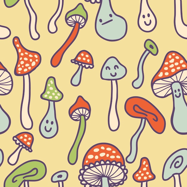 Jaren zeventig stijl agaric paddestoelen naadloze patroon Perfecte print voor tee papier stof textiel Retro vectorillustratie voor decor en design