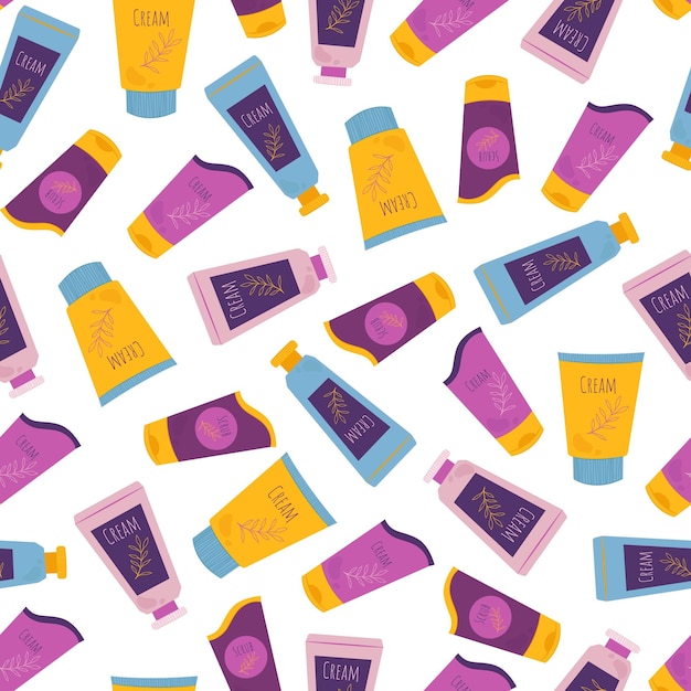 Jars and tubes with cosmetics seamless pattern Body care cosmetics Vector illustration in flat style