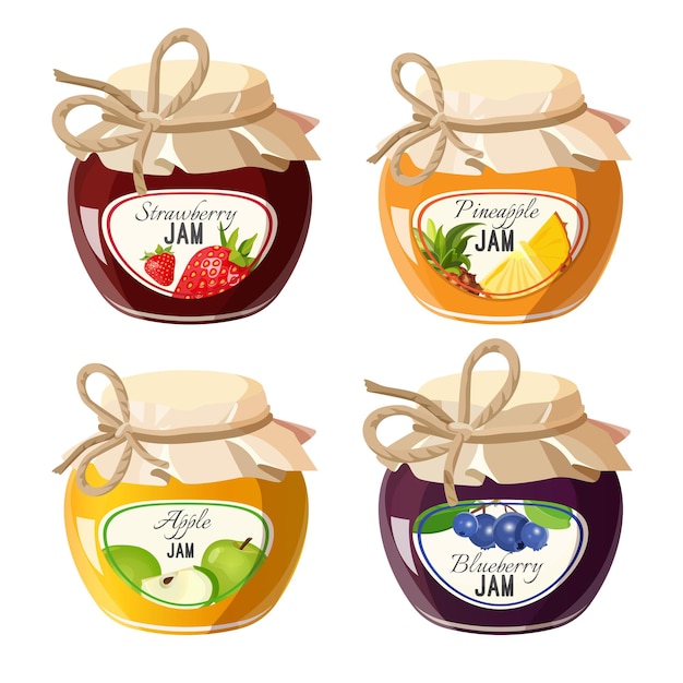 Vector jars with red strawberry, healthy pineapple, organic apple and fresh blueberry jam illustration