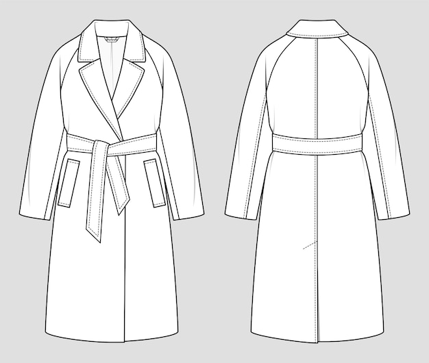 Vector jas met raglanmouwen en riem. mode schets. platte technische tekening. vector illustratie.