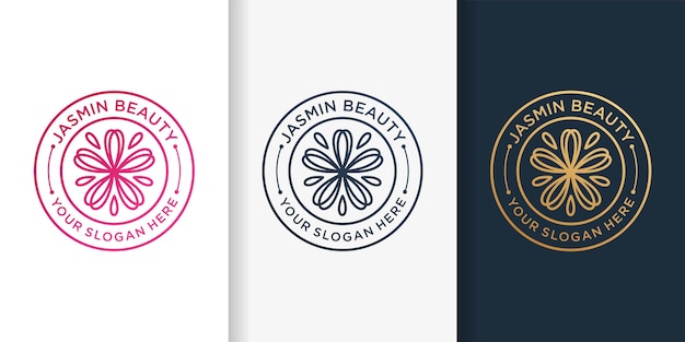 Jasmine-logo met embleemlijnstijl en ontwerpsjabloon voor visitekaartjes Premium Vector