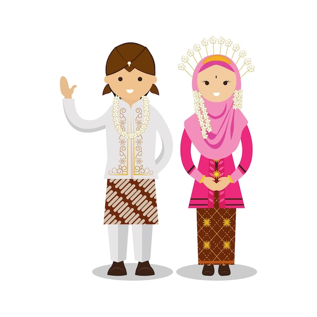 Javanese muslim bride and groom vector cartoon Illustration