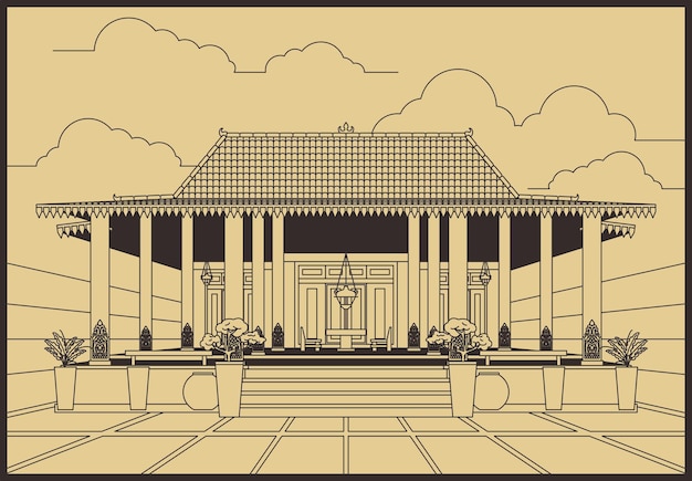 Vector javanese traditional house building line art drawing