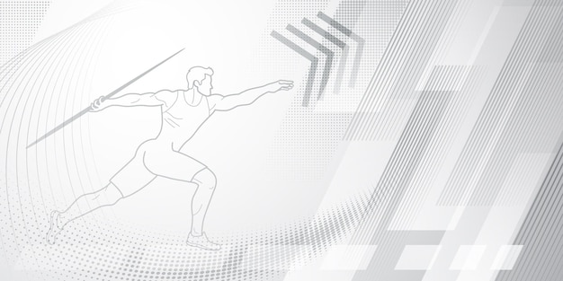 Vector javelin thrower themed background in gray tones with abstract lines and dots with sport symbols such as a male athlete