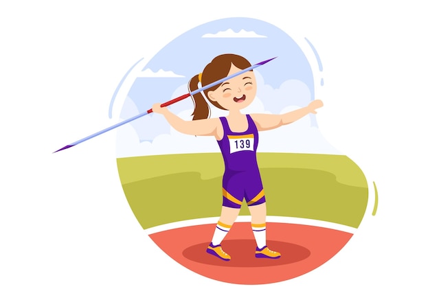 スポーツでスローする長いランス型のツールを使用してジャベリンを投げる子供アスリート イラスト