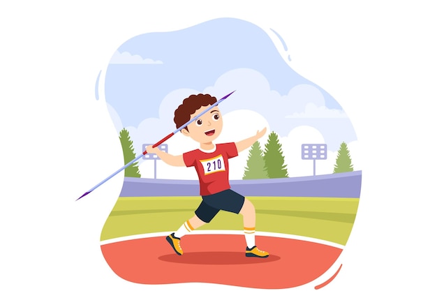 Giavellotto che lancia l'illustrazione dell'atleta dei bambini che utilizza uno strumento a forma di lancia lunga per gettare negli sport