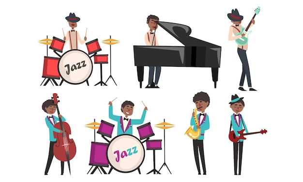 Jazz Band African American Musician and Singers Singing and Playing Different Musical Instruments Vector Illustration