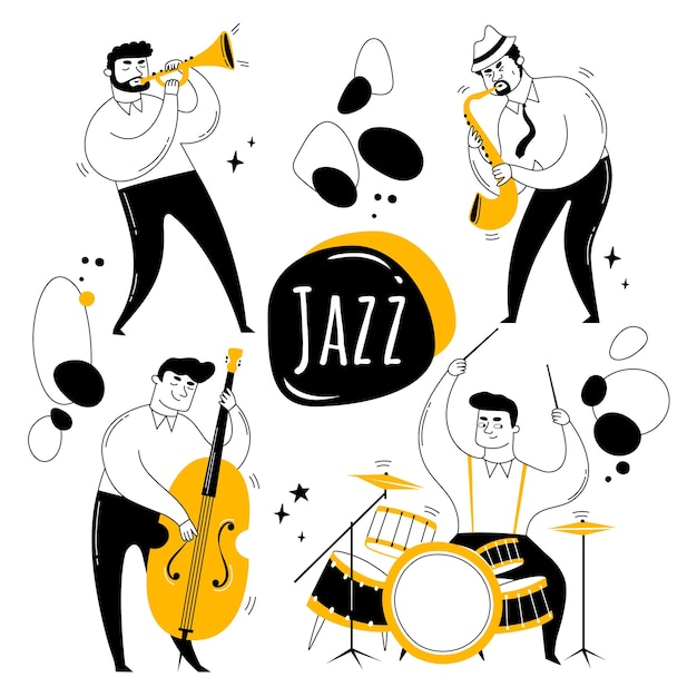 Jazz band musicians play instruments trumpet saxophone double bass and drums