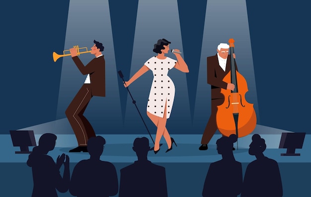 Vector jazz band at scene woman with microphone and men with saxophone and bass talented musicians and