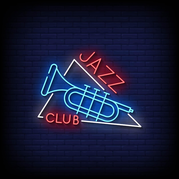 Джаз-клуб неоновая вывеска на фоне кирпичной стены вектор