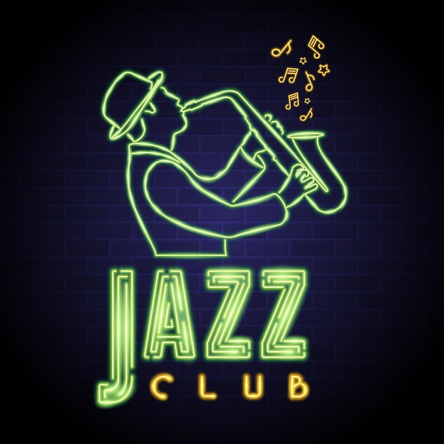 Jazz club and saxophonist silhouette with neon light glowing element