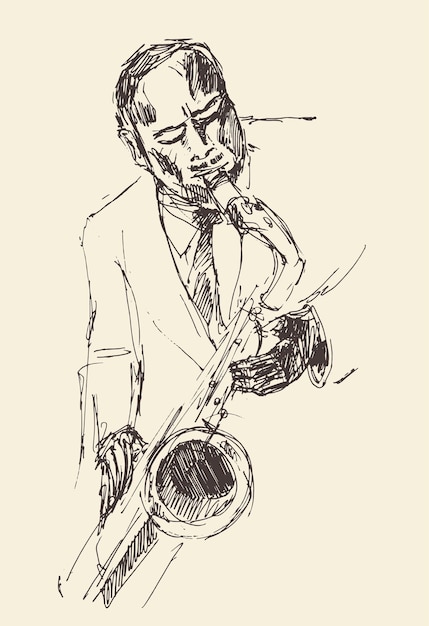 JAZZ-concept, man die trompet speelt, muziek vintage illustratie, gegraveerde retro-stijl