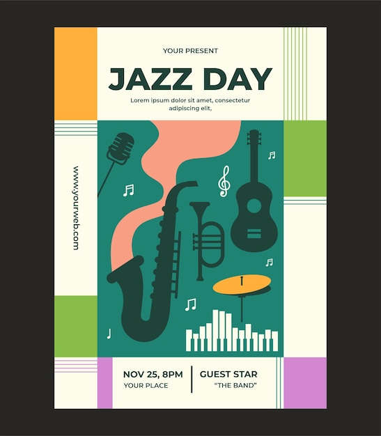 Vettore modello di poster del giorno del jazz in stile piatto