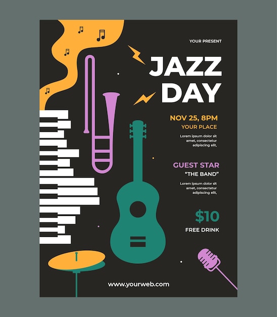 Jazz day poster template vector with flat design