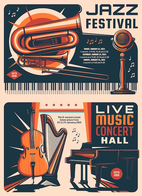 Jazz festival and music concert retro posters. Music live show, band performance or concert hall vector vintage banners with grand piano, harp and contrabass, trombone, euphonium and microphone
