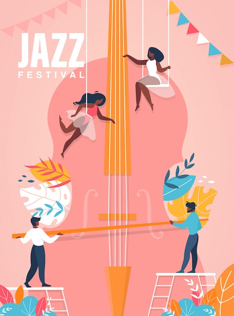 ジャズフェスティバルのポスター。巨大なチェロの図で遊んでいる人