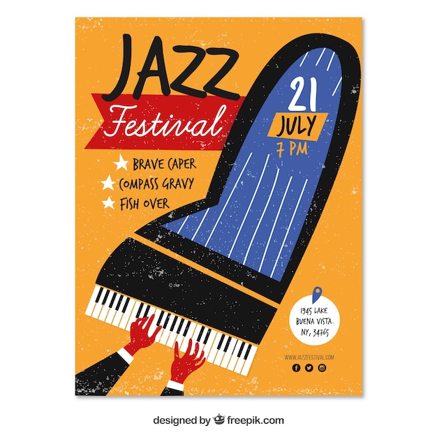 Vettore manifesto del festival jazz con piano disegnato a mano