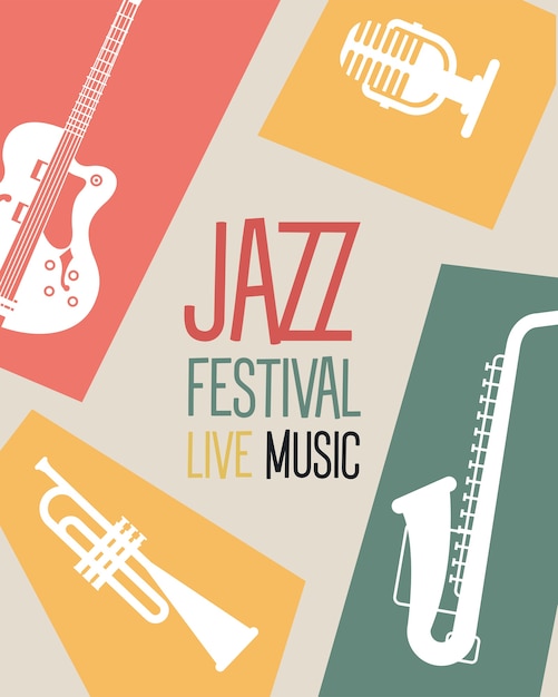 Manifesto del festival jazz con strumenti e disegno dell'illustrazione di vettore dell'iscrizione