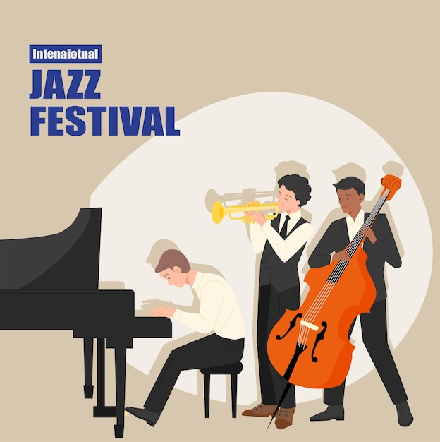 Manifesto del festival jazz con pianista, bassista e trombettista che si esibiscono.