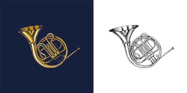 Vector jazz french horn in monochrome engraved vintage style hand drawn trumpet sketch for blues and