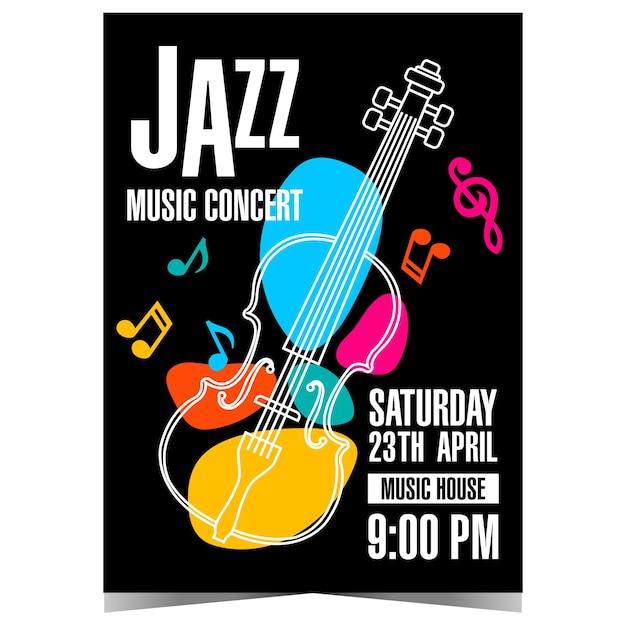 Vector jazz music concert leaflet or flyer with a violoncello and colourful musical notes