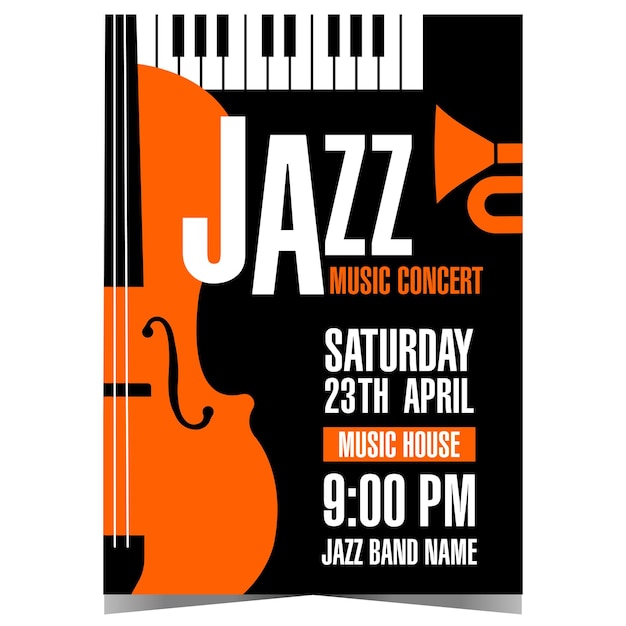 Vector jazz music concert poster or banner with musical instruments in the background