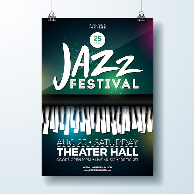 Vector jazz music festival flyer design met pianotoetsenbord