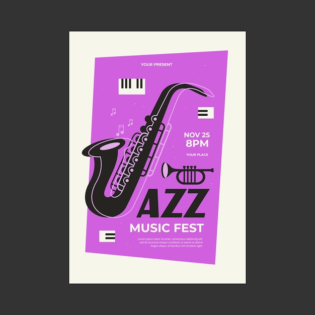 Modello di manifesto del festival di musica jazz illustrazione vettoriale di tromba per pianoforte e sassofono