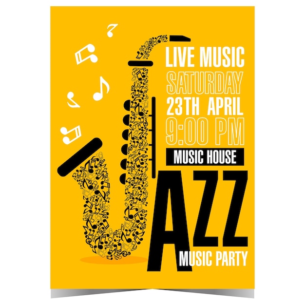 Vector jazz music party invitation or concert and festival announcement banner or poster with saxophone