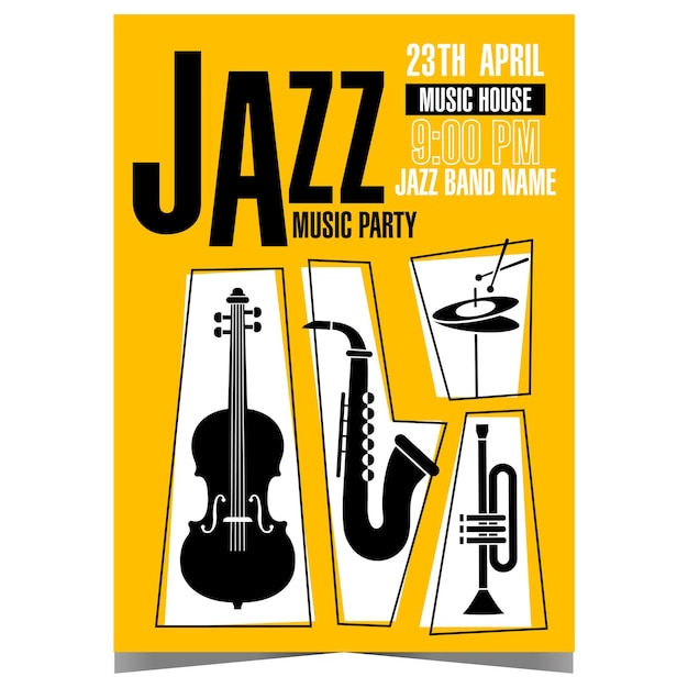 Vector jazz music party invitation leaflet or flyer with musical instruments