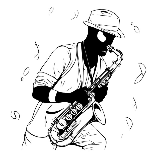 Vector jazz musician playing the saxophone black and white vector illustration