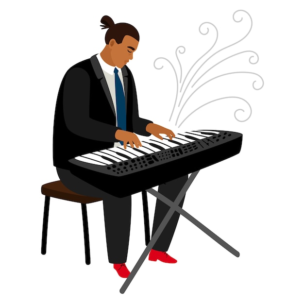 Vector jazz pianist plays on synthesizer cartoon character