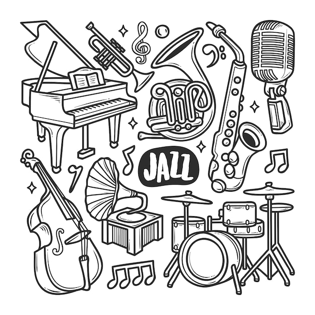 Jazz pictogrammen Hand getrokken Doodle kleuren