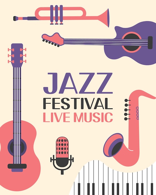 Jazz poster achtergrond sjabloon voor muziekfestival met gitaar saxofoon trompet piano toetsen