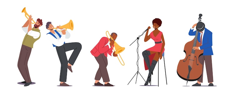 Vector jazzband op het podium die muziekconcerten uitvoert artiesten personages op scène met muziekinstrumenten trompetsaxofoon