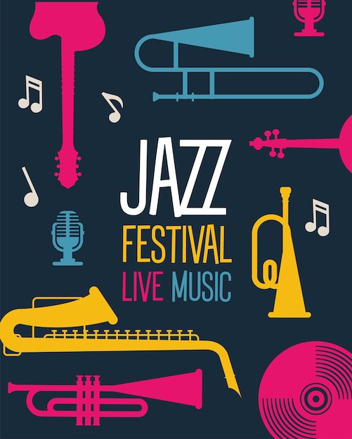 Vector jazzfestival poster met instrumenten en belettering vector illustratie ontwerp